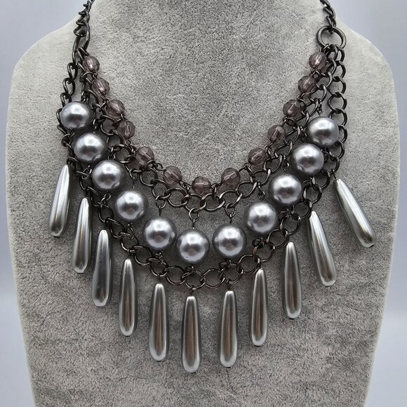 Chandelier Necklace with Blackened Metal, Faux Gray Pearls & Beads - 16" - 19" - Picture 2 of 7